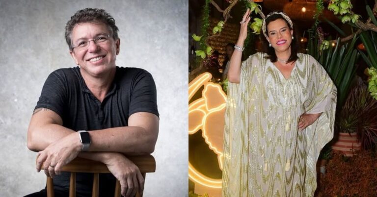 Boninho e Narcisa Tamborindeguy aparecem em registros separados, ele sentado e sorridente, ela posando com look dourado em evento decorado.