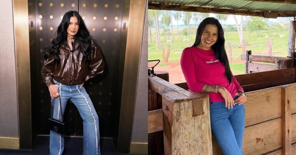 Montagem com duas fotos de Ana Castela; à esquerda, a cantora posa em ambiente interno usando jaqueta marrom e calça jeans; à direita, aparece sorridente em fazenda, com blusa rosa e calça jeans.