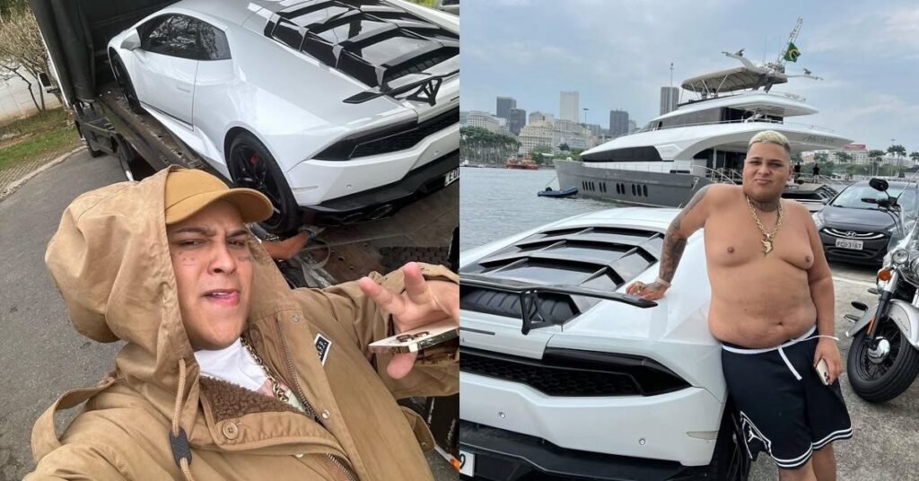 MC Ryan SP posa ao lado de carro esportivo branco em diferentes cenários, incluindo uma área urbana e um pier com iate ao fundo