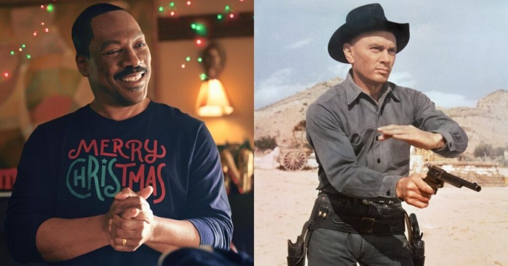 Eddie Murphy sorrindo em cena de comédia ao lado de Yul Brynner caracterizado como cowboy em imagem de arquivo