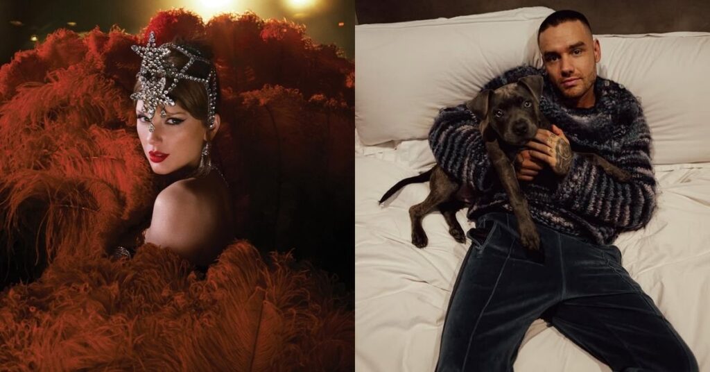 Taylor Swift em ensaio fotográfico com figurino de penas vermelhas ao lado de Liam Payne posando com um cachorro em cama branca