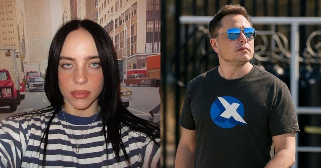 Montagem mostra Billie Eilish posando em ambiente urbano e Elon Musk usando óculos escuros ao ar livre