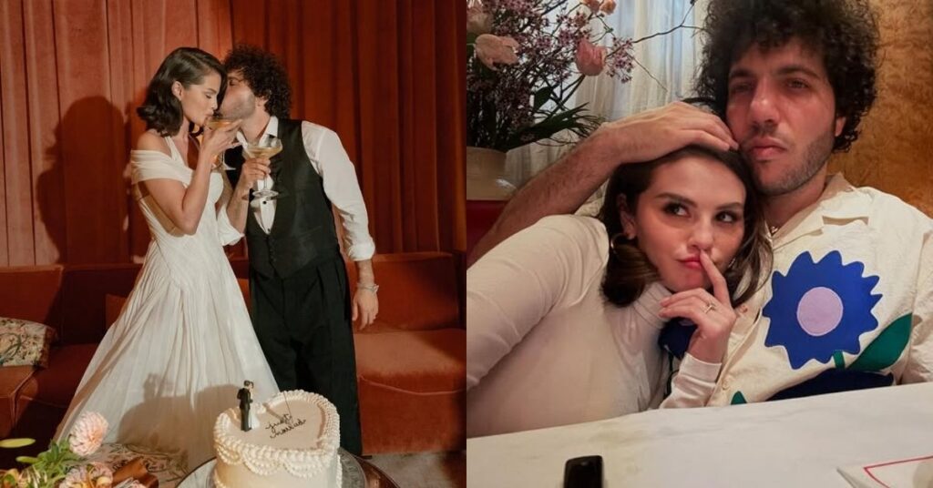 Selena Gomez e Benny Blanco aparecem em dois momentos diferentes, um brindando diante de um bolo de casamento e outro abraçados em clima descontraído.