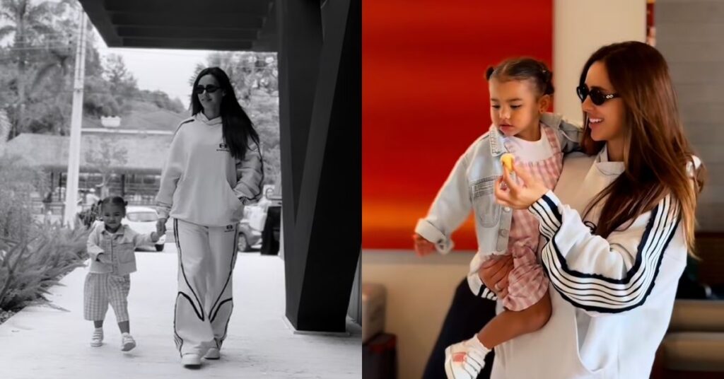 Fofas! Filhas de Neymar e Bruna Biancardi roubam a cena em vídeo da mãe; veja Bruna Biancardi caminha de mãos dadas com Mavie em área externa e, em outro registro, aparece segurando a filha no colo enquanto conversam em ambiente interno.