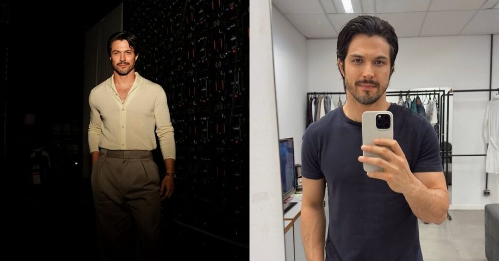 Romulo Estrela em duas fotos lado a lado, posando em ambiente interno e fazendo selfie no camarim