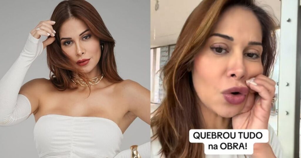 Maíra Cardi aparece em ensaio com look branco e, ao lado, surge em vídeo reclamando de problemas na obra da mansão