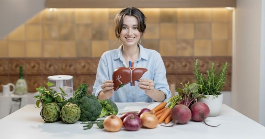 Mulher sorridente segurando um modelo anatômico de fígado sobre a mesa, cercada por vegetais como brócolis, alcachofras, cenouras, beterrabas e ervas frescas.