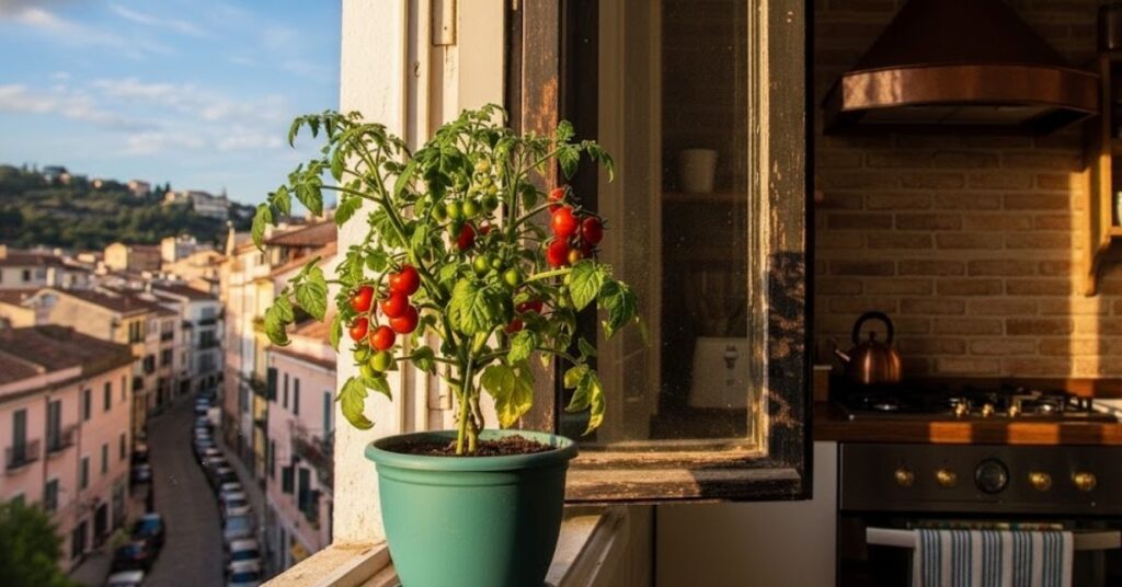 A frutífera que faz sucesso em apartamentos: cresce rápido e não exige quase nada de espaço Vaso com tomate cereja cultivado na janela de um apartamento, recebendo luz natural e mostrando frutos maduros e verdes.