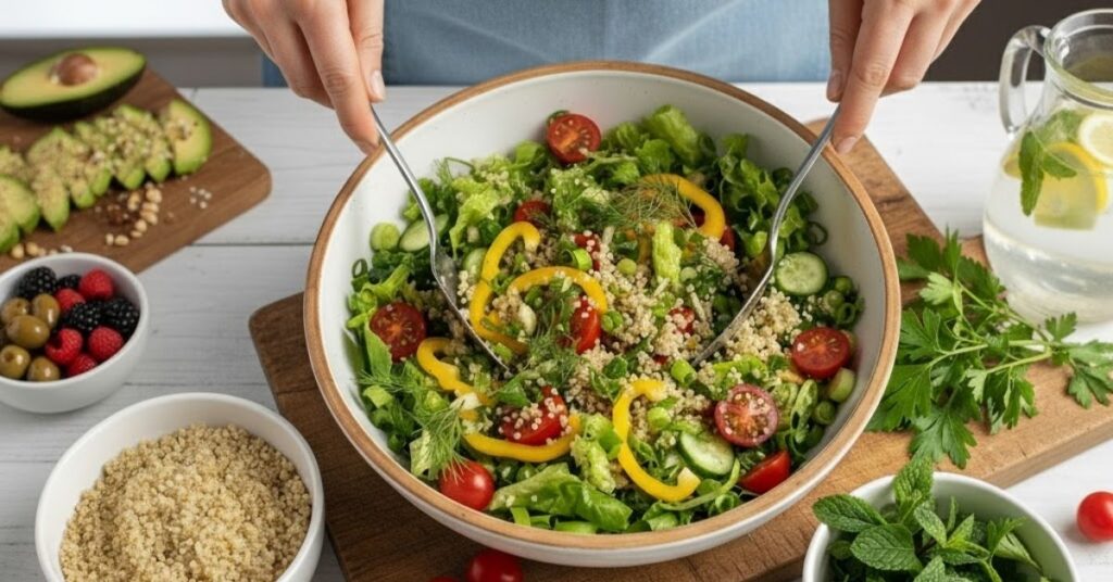 Salada fresca com vegetais e quinoa representando dietas vegetarianas e veganas analisadas em estudo sobre saúde e sustentabilidade