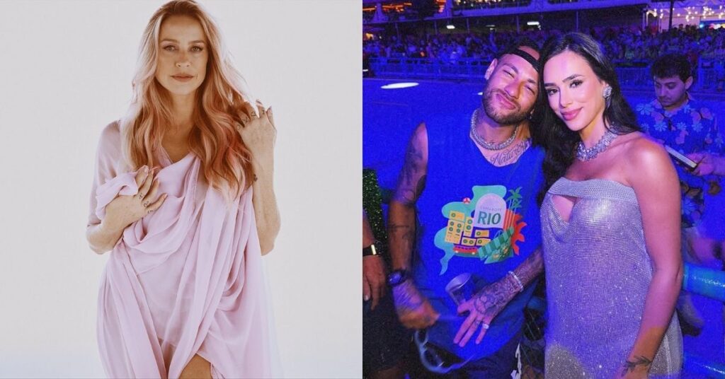 Montagem com Luana Piovani posando em estúdio à esquerda e, à direita, Neymar abraçado a Bruna Biancardi em evento noturno.