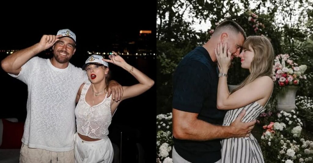 Taylor Swift e Travis Kelce aparecem em dois momentos românticos, em fotos lado a lado, durante viagem e comemoração ao ar livre.