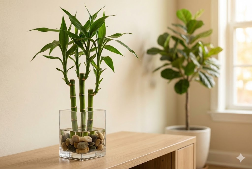8 cuidados com o bambu-da-sorte que mantêm sua casa bonita e cheia de boas energias Vaso de vidro com pedras e hastes de bambu-da-sorte sobre um móvel de madeira, com outra planta ao fundo em um ambiente iluminado.”