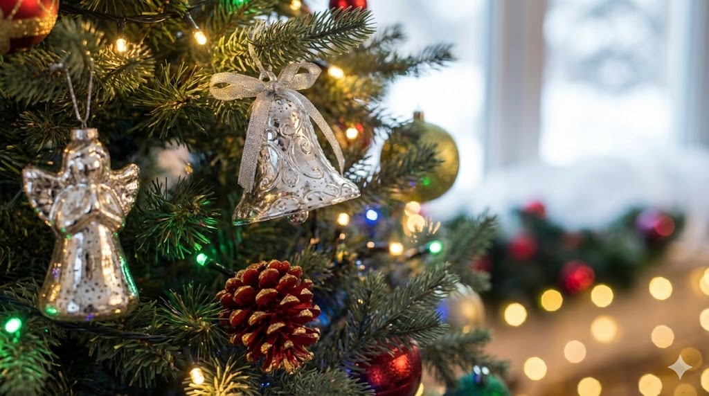 Detalhe de uma árvore de Natal decorada com enfeites brilhantes e luzes coloridas, usada para ilustrar temas de signos e simbolismos natalinos.