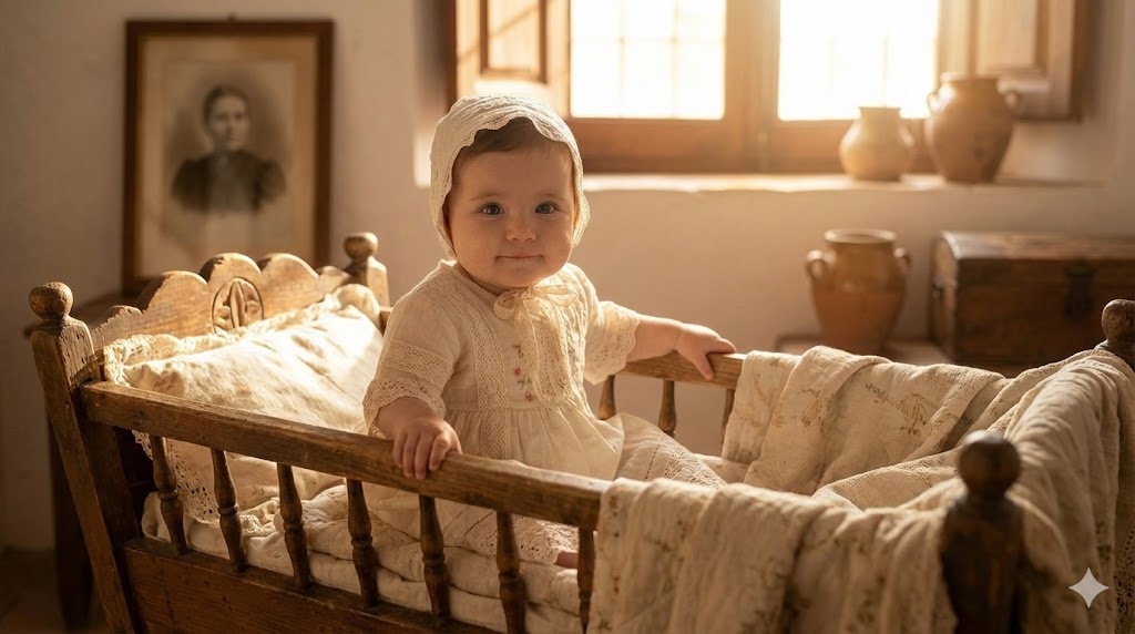 Bebê sentada em um berço antigo de madeira, iluminada pela luz da janela, em uma cena aconchegante usada para ilustrar o nome Laia.