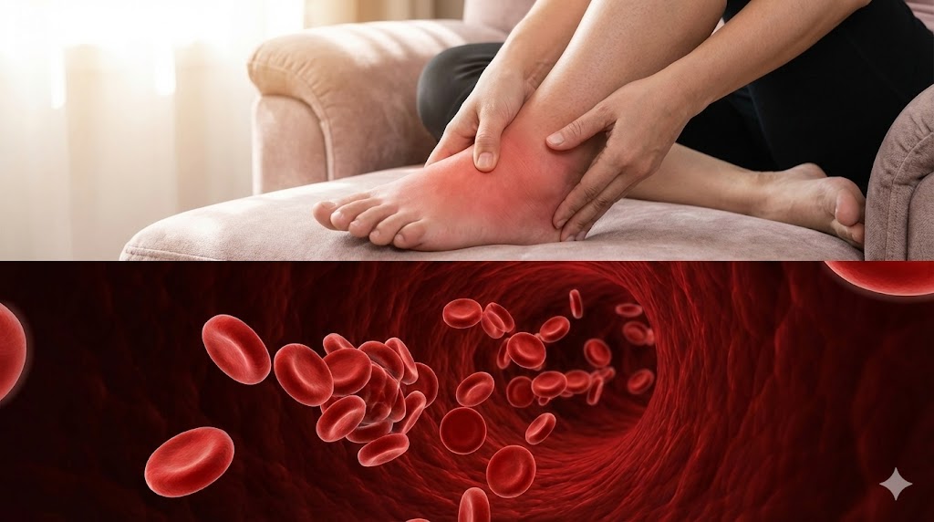 Montagem com uma pessoa massageando o tornozelo inchado e uma ilustração de células sanguíneas, usada para abordar como chá natural pode ajudar na circulação e no inchaço.