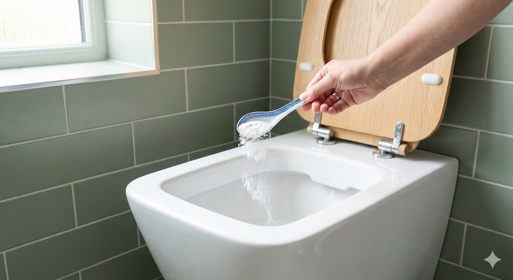 Pessoa jogando sal dentro do vaso sanitário para ilustrar usos domésticos do sal na limpeza e desodorização.