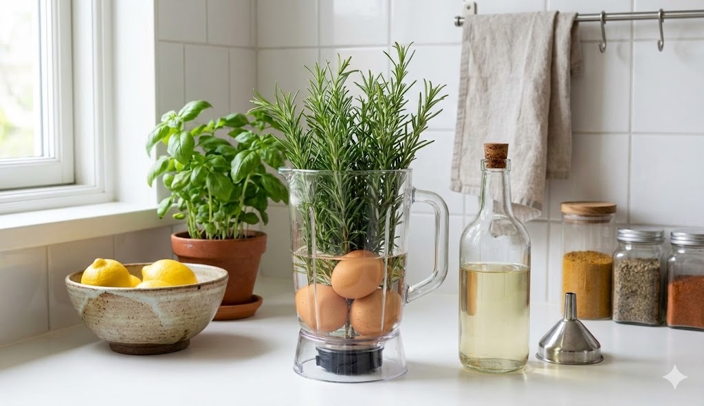 Liquidificar alecrim e vinagre: a mistura natural com função poderosa na limpeza da casa Copo de liquidificador com ramos de alecrim e ovos, ao lado de limões, óleo e plantas na cozinha, ilustrando preparos caseiros usando alecrim.