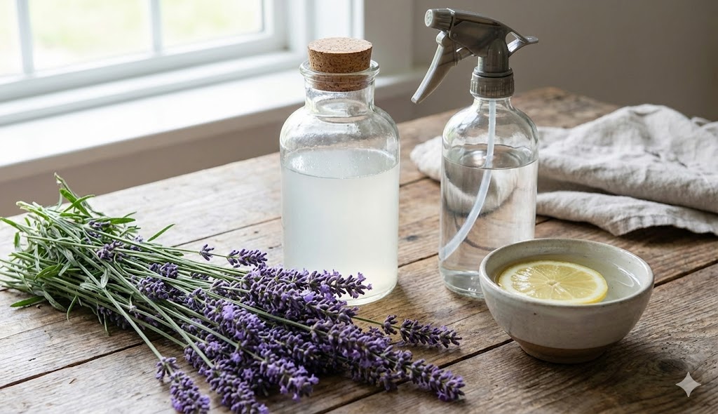 Liquidificar alecrim e vinagre: a mistura natural com função poderosa na limpeza da casa 1 Ingredientes naturais sobre uma mesa rústica, incluindo ramos de lavanda, limão e frascos de mistura caseira, usados para ilustrar receitas com alecrim e outros elementos aromáticos.
