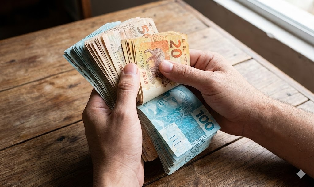 Pessoa contando várias cédulas de reais sobre uma mesa de madeira, ilustrando dúvidas e informações sobre pagamentos do PIS.