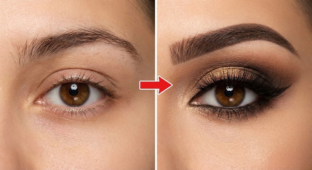 Fim dos gastos no salão: 6 dicas para fazer a sobrancelha em casa e manter o design impecável “Imagem comparativa mostrando antes e depois da maquiagem nos olhos, destacando como a sobrancelha definida transforma o olhar.