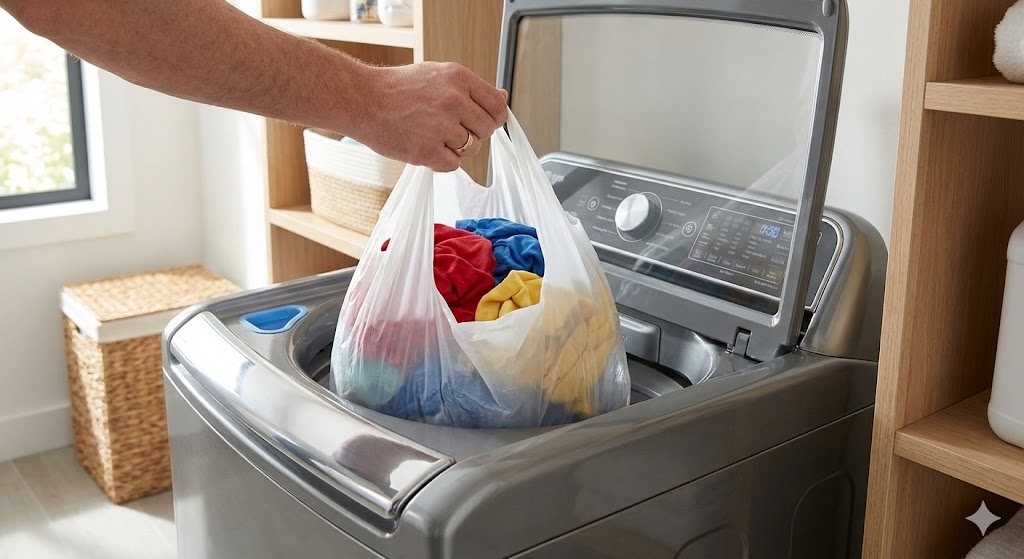 Colocar saco plástico na máquina de lavar: para que serve esse truque e por que ele funciona 1 Pessoa colocando roupas dentro de uma máquina de lavar utilizando um saco plástico, em uma lavanderia organizada com prateleiras e cestos.