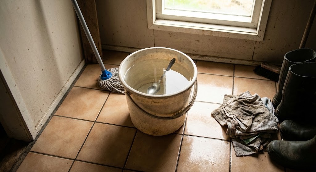Uma colher no balde de água é suficiente para deixar o chão limpo por semanas Balde com água e colher usado na limpeza do chão, ilustrando o uso de glicerina na água como truque caseiro para manter o piso limpo e brilhante por mais tempo.