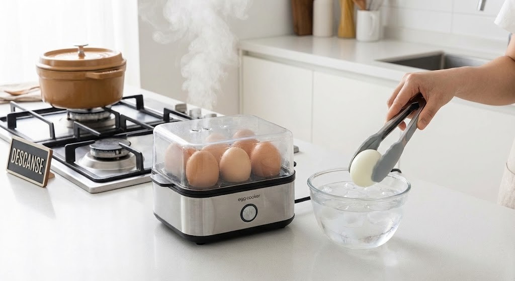 Ovo sendo cozido em aparelho elétrico sobre bancada de cozinha, com um ovo retirado da água fria após o preparo, mostrando o processo de cozimento de ovos.