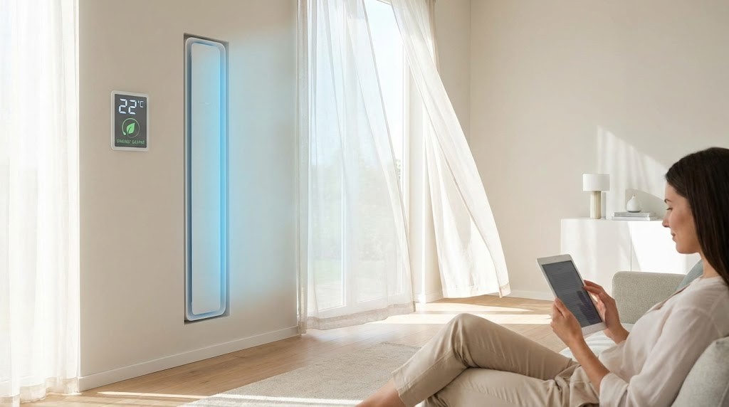 Adeus ar-condicionado tradicional: tecnologia promete resfriar ambientes com muito menos energia Ambiente residencial moderno com ar condicionado instalado na parede, exibindo controle de temperatura digital enquanto pessoa relaxa lendo em sala iluminada.