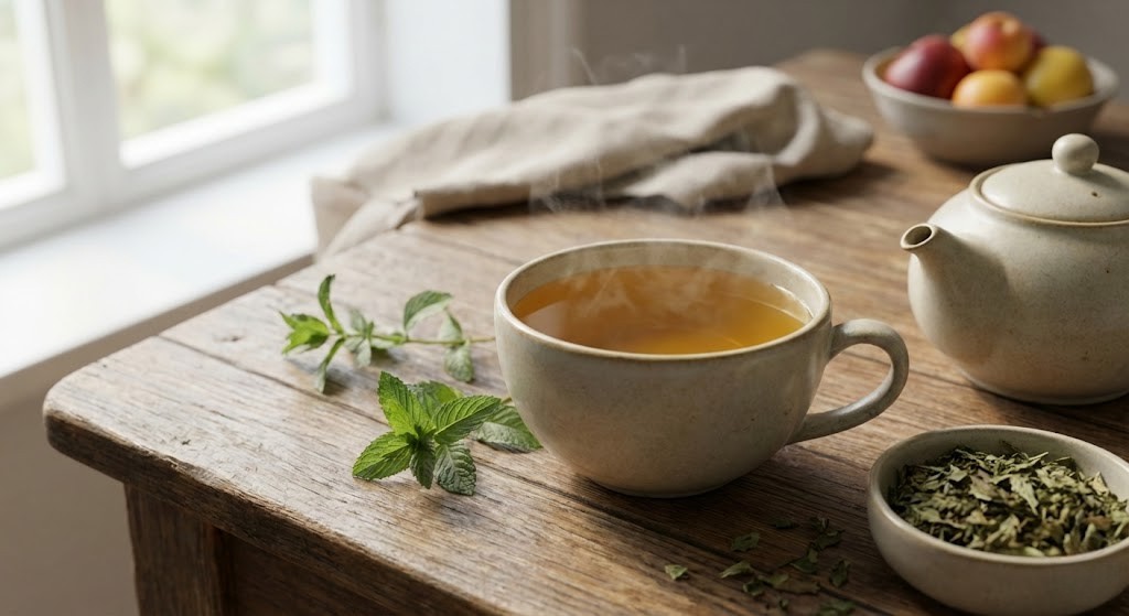 O chá que muitas pessoas tomam depois de comer para reduzir gases e desconforto abdominal Xícara de chá quente sobre mesa de madeira ao lado de ervas naturais, bule e ingredientes secos, criando um ambiente aconchegante e natural.