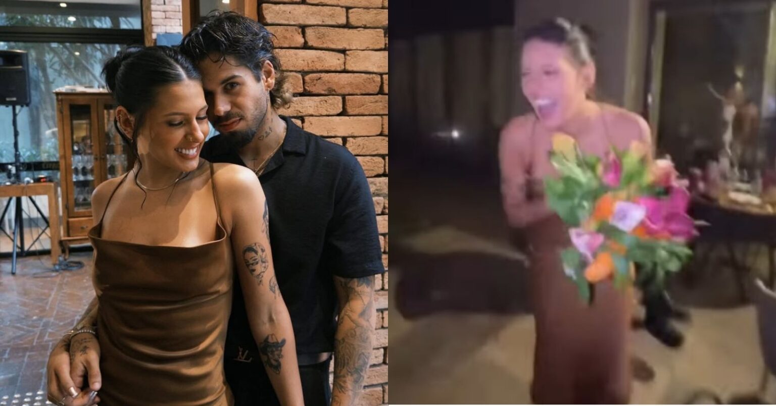 Ana Castela pega buquê em casamento e protagoniza beijo com Zé Felipe Ana Castela segura buquê de flores em casamento enquanto Zé Felipe aparece ao lado da cantora em momento descontraído durante a festa