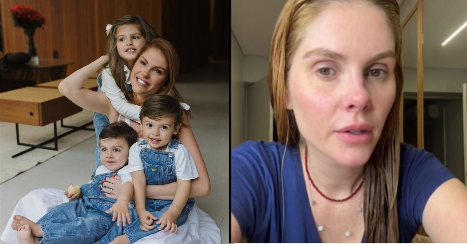 Bárbara Evans aparece em duas imagens: à esquerda, posa sorridente com os três filhos em casa; à direita, surge sem maquiagem, emocionada, durante desabafo nas redes sociais.