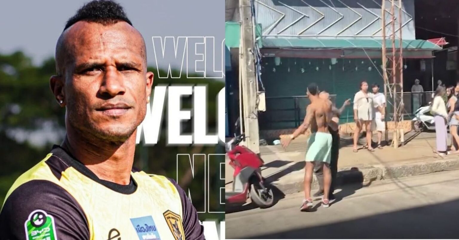 Jogador brasileiro é acusado de agressão após confusão em bar na Tailândia Imagem mostra, à esquerda, o jogador brasileiro Osvaldo Neto com uniforme de futebol; à direita, cena de confusão em rua da Tailândia, com o atleta sem camisa sendo contido por pessoas após briga em frente a um bar.
