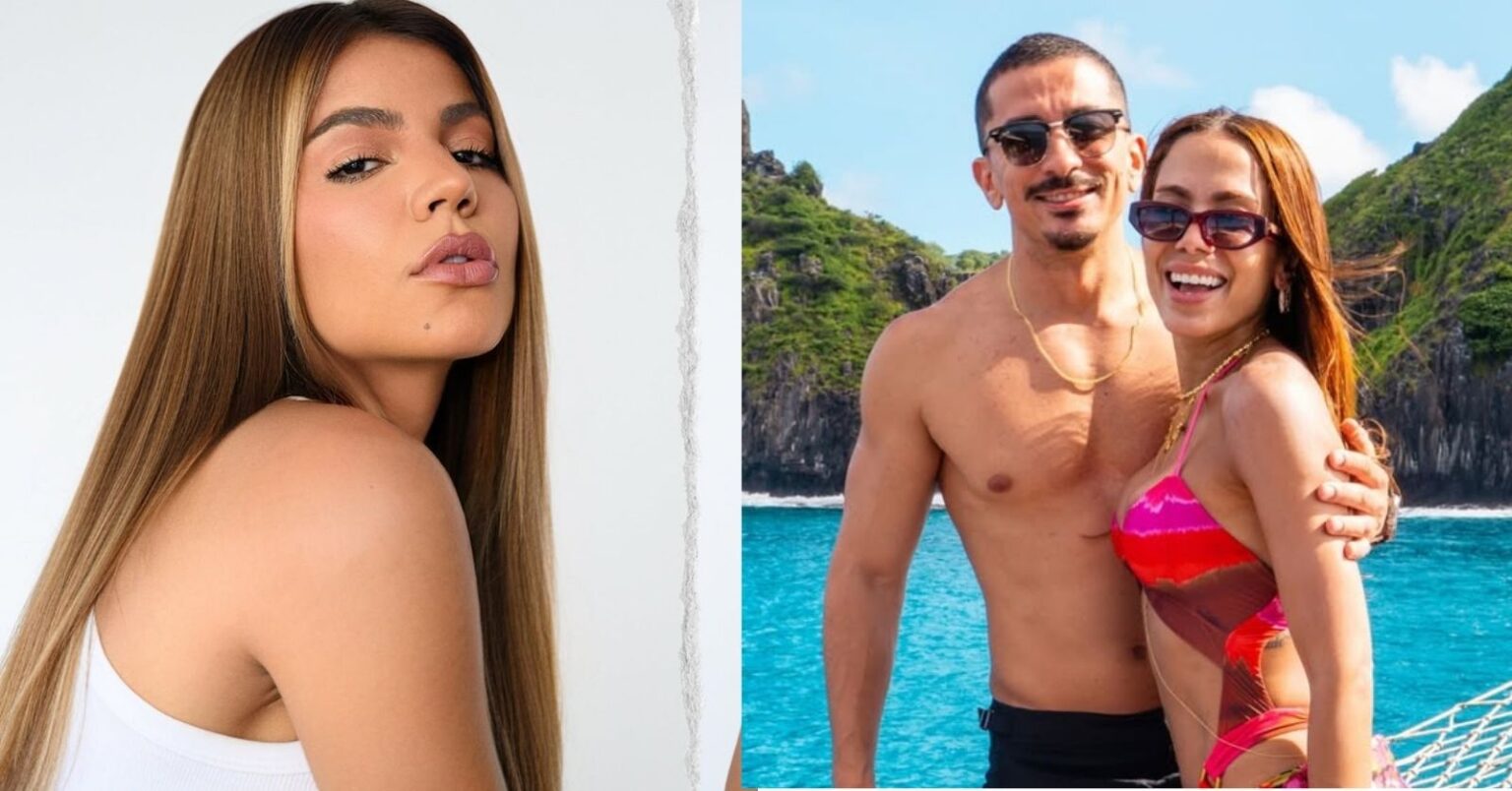 Hariany Almeida posa em retrato e do outro lado aparece o empresário Renan Machado junto com sua irmã Anitta durante passeio de barco em cenário paradisíaco.