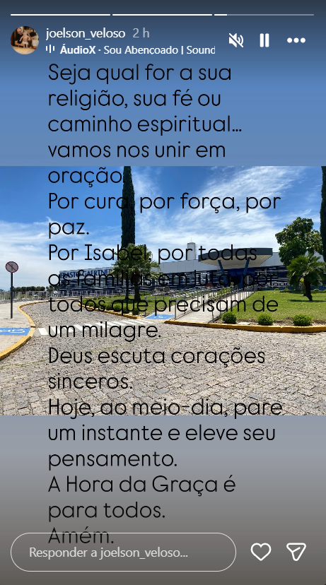 Pai de Isabel Veloso reforça pedido de união em oração nas redes sociais