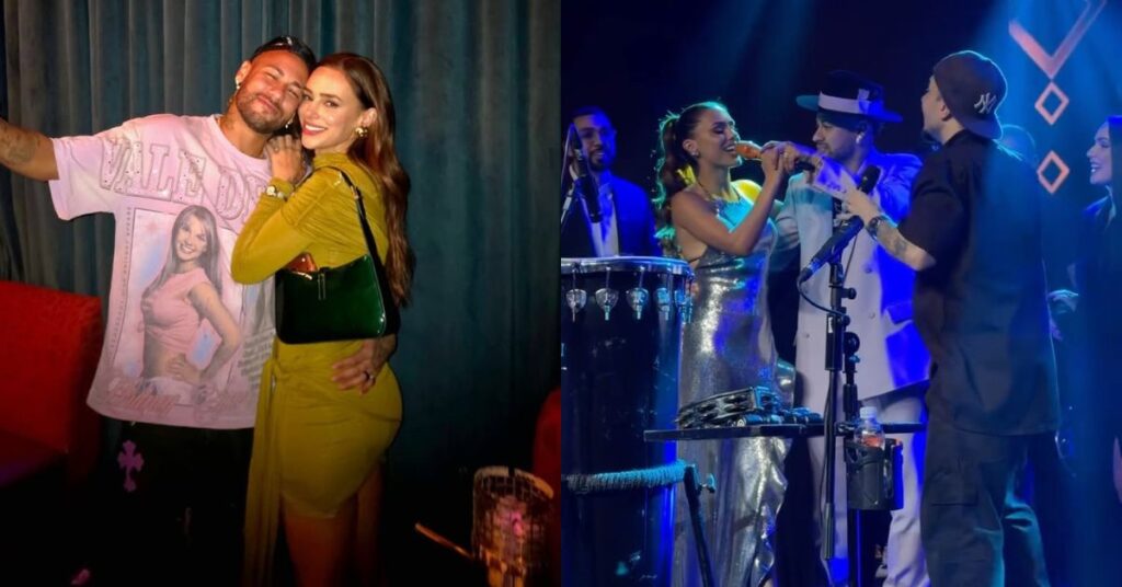 Neymar e Bruna Biancardi soltam a voz e cantam clássico de Sandy & Junior em evento Neymar e Bruna Biancardi