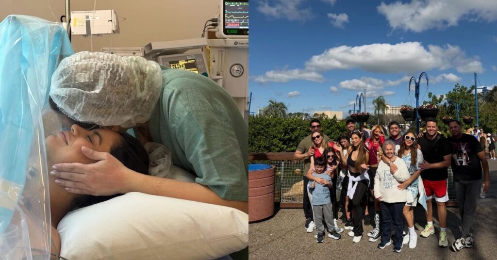 Imagem dividida em dois momentos: à esquerda, Lexa, uma mulher em trabalho de parto recebe um beijo de apoio em ambiente hospitalar; à direita, grupo diverso de adultos e crianças posa sorridente ao ar livre, em clima de celebração.