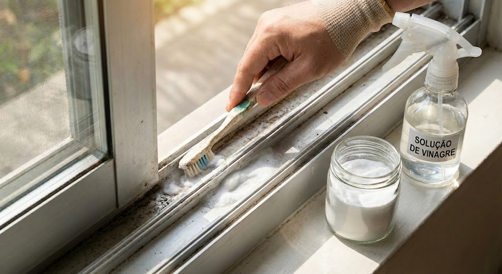 Limpeza de trilho de janela com escova e bicarbonato, utilizando vinagre e solução caseira para remover sujeira e resíduos acumulados.