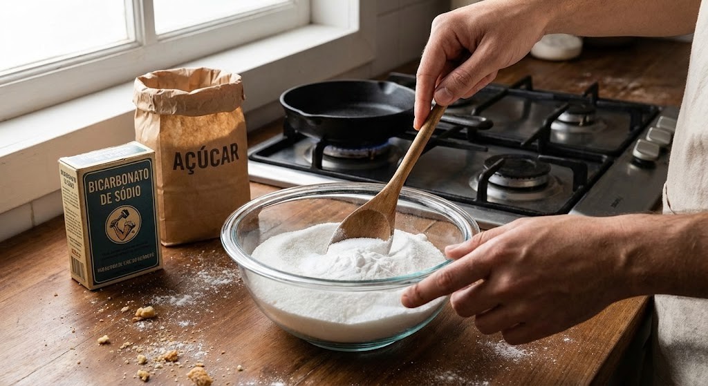 Por que misturar bicarbonato de sódio com açúcar virou um truque comum na cozinha? Pessoa misturando bicarbonato de sódio em uma tigela de vidro sobre bancada de madeira, ao lado de açúcar e utensílios de cozinha, mostrando o uso do bicarbonato de sódio em preparos caseiros.