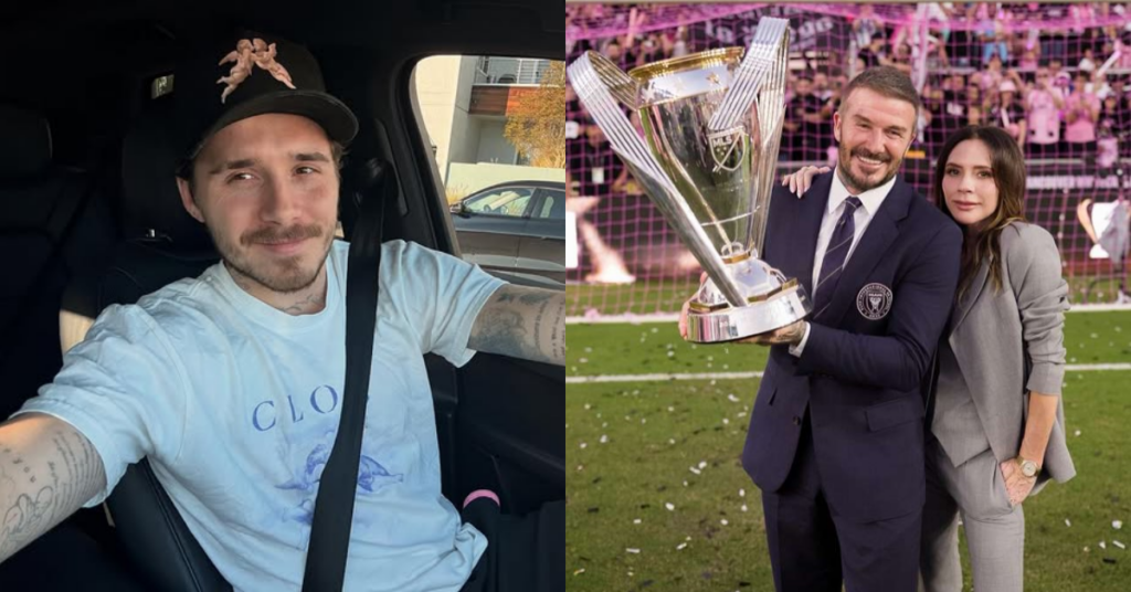 Brooklyn Beckham toma atitude radical e bloqueia os pais nas redes Brooklyn Beckham em selfie dentro do carro usando camiseta clara, ao lado de imagem de David e Victoria Beckham posando com troféu em campo de futebol