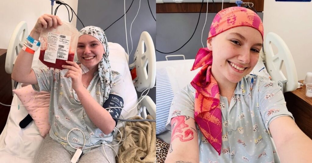 Isabel Veloso sorri em leito hospitalar durante tratamento e exibe bolsa de medicação