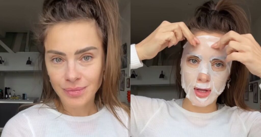 Carolina Dieckmmann posiciona e aplica uma máscara facial durante vídeo de skincare publicado no Instagram.