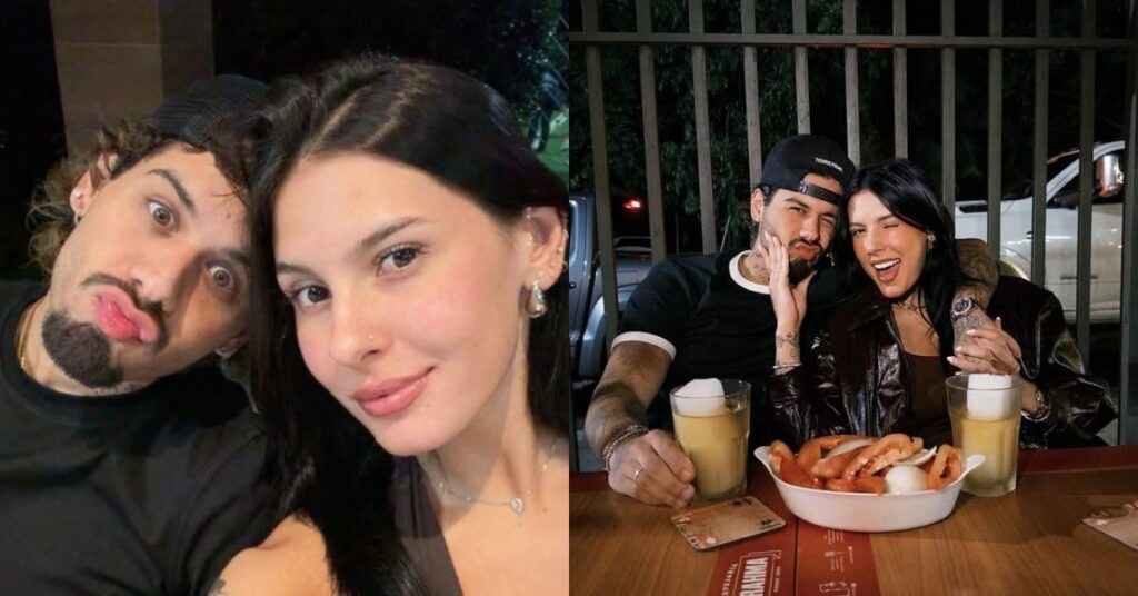 Zé Felipe e Ana Castela aparecem juntos em dois registros informais, posando para selfies descontraídas durante encontro noturno em clima de intimidade.