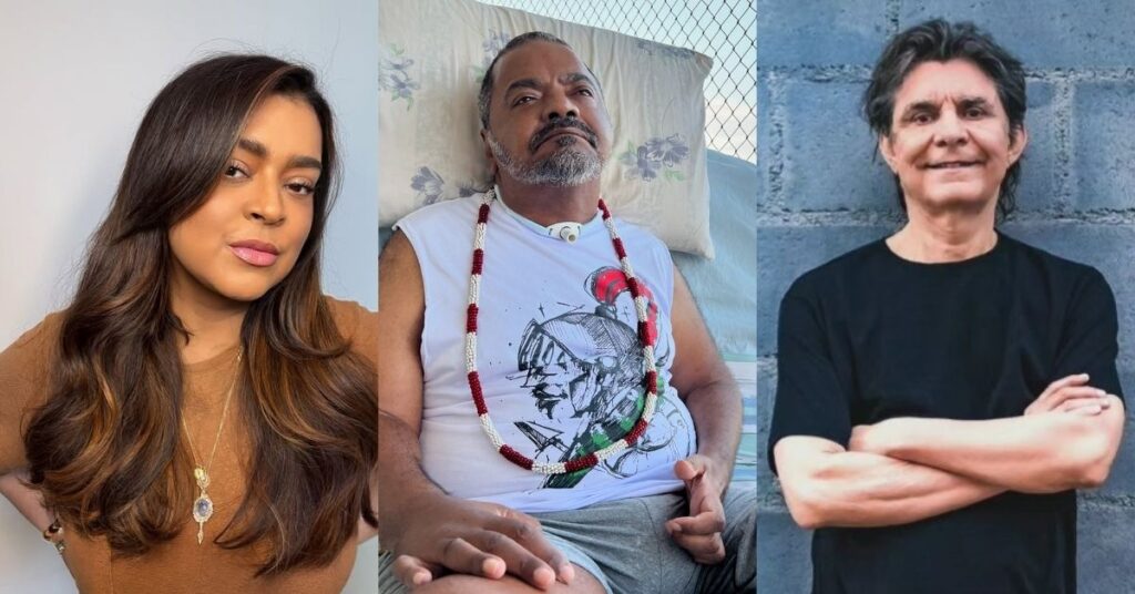 Montagem com três artistas brasileiros: Preta Gil em selfie com maquiagem leve e cabelo solto; Arlindo Cruz sentado em repouso, usando colar de contas; Lô Borges em retrato recente, de braços cruzados, diante de parede cinza.