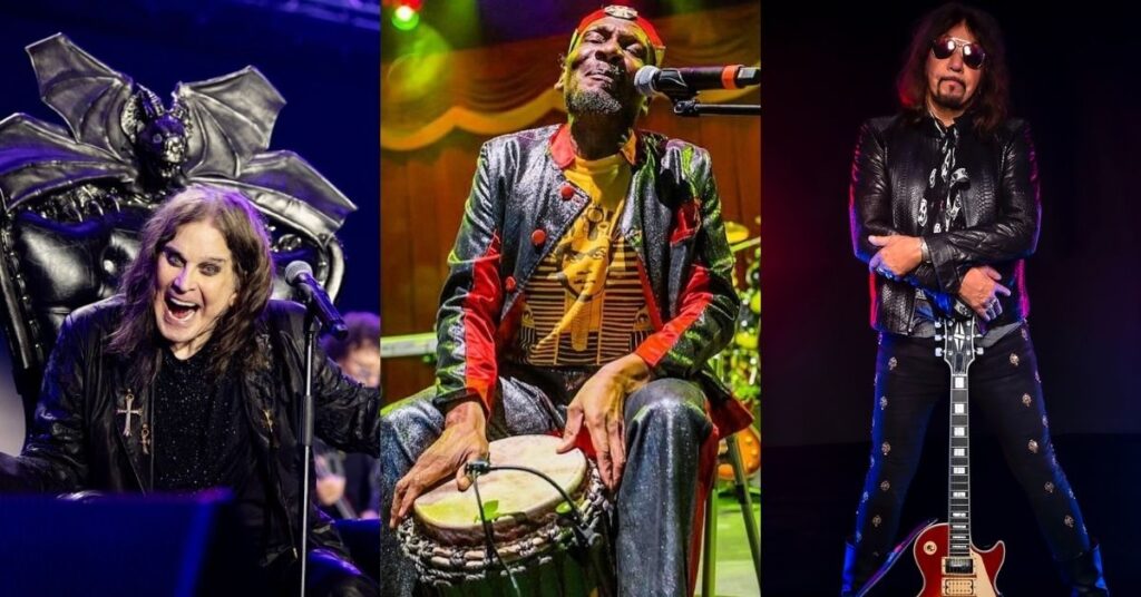 Montagem com três músicos internacionais: Ozzy Osbourne durante apresentação ao vivo, em figurino preto e expressão intensa; Jimmy Cliff sentado no palco, tocando tambor e cantando ao microfone; Ace Frehley em retrato promocional, vestindo jaqueta de couro e segurando guitarra elétrica.