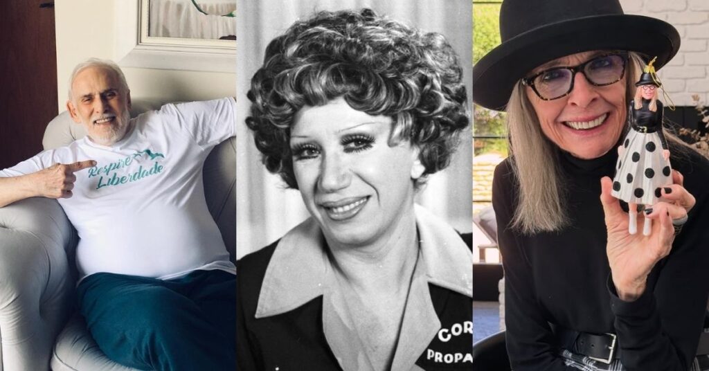 Montagem com três artistas do cinema e da TV: Francisco Cuoco em registro recente, sentado em poltrona e sorrindo; Berta Loran em retrato clássico em preto e branco de início de carreira; Diane Keaton em foto atual, usando chapéu preto e segurando uma boneca decorativa.