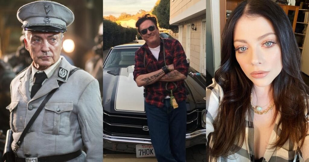 Montagem com três atores do cinema e da TV: Udo Kier caracterizado em cena de filme, usando uniforme militar; Michael Madsen em registro casual, encostado em um carro clássico, vestindo camisa xadrez; Michelle Trachtenberg em selfie recente, com maquiagem leve, cabelo solto e olhar direto para a câmera.