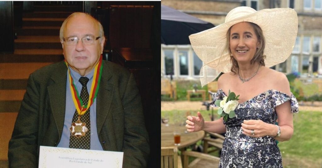 Montagem com duas personalidades da literatura que morreram em 2025: Luis Fernando Verissimo em registro formal, sentado e usando medalha de condecoração no peito; Sophie Kinsella em foto ao ar livre, vestindo vestido estampado e chapéu claro, sorrindo durante evento social.
