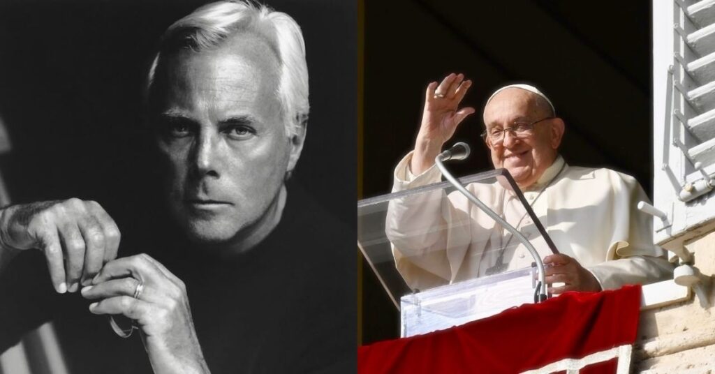 Montagem com duas personalidades internacionais: Giorgio Armani em retrato em preto e branco, com expressão séria e mãos apoiadas; Papa Francisco em aparição pública no Vaticano, acenando para fiéis a partir de uma sacada.