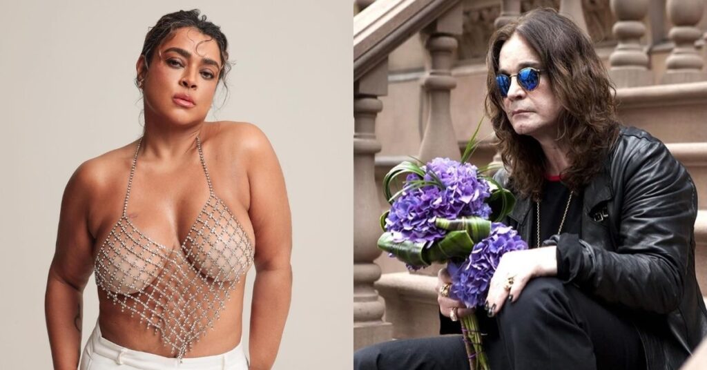 Montagem com dois artistas da música falecidos em 2025: Preta Gil em ensaio fotográfico, usando top de pedrarias e calça clara; Ozzy Osbourne sentado em escadaria, vestindo jaqueta preta, óculos escuros e segurando um buquê de flores roxas.