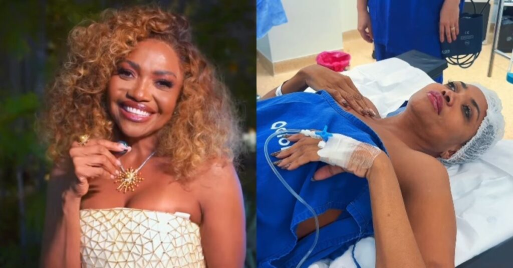 Gaby Amarantos sorri em foto produzida e aparece deitada em maca hospitalar antes de cirurgia, usando roupa médica azul e acesso venoso no braço